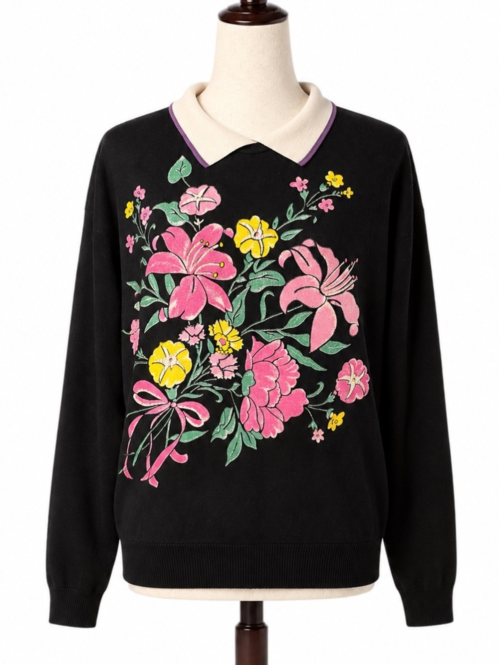 Vintage 80s Black Floral Collared Sweatshirt with Pink & Yellow Blooms- XL